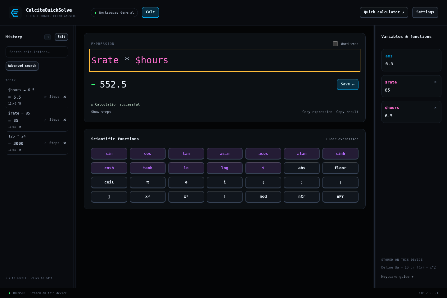 The CalciteQuickSolve calculator with a live result, saved history, and reusable variables.