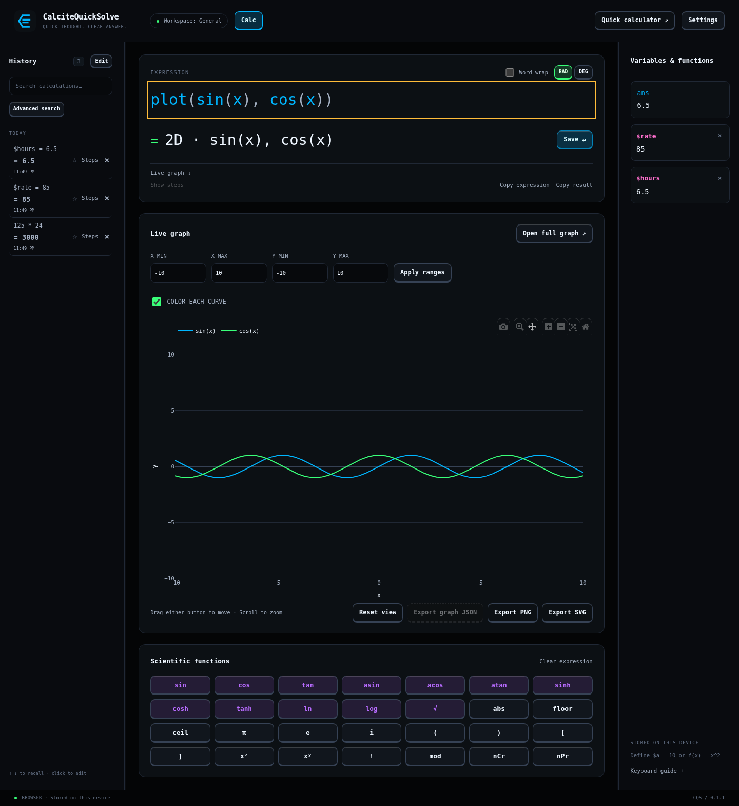 CalciteQuickSolve plotting mathematical curves in its interactive graph workspace.