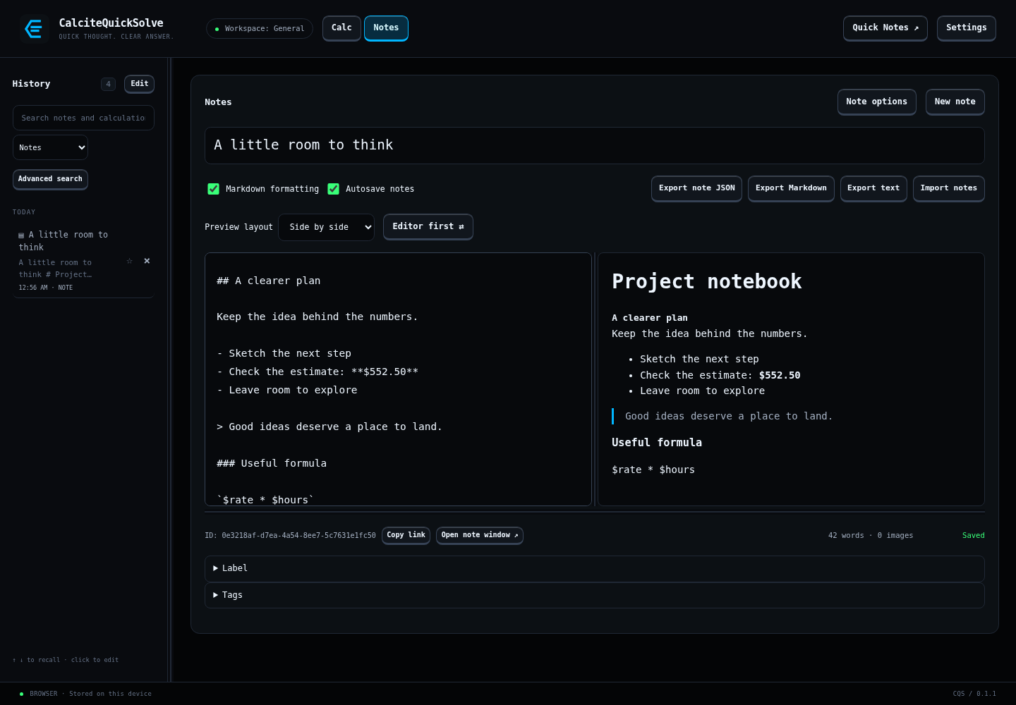 CalciteQuickSolve Notes with a Markdown editor and formatted preview side by side.