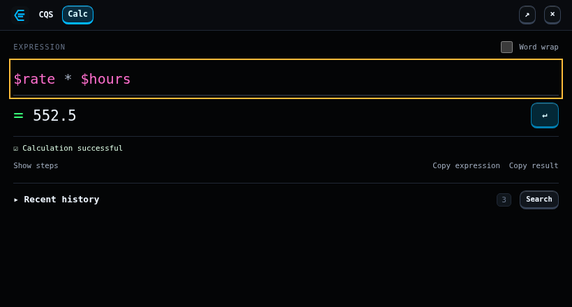 CalciteQuickSolve in dark mode showing a scientific calculation and its live result.